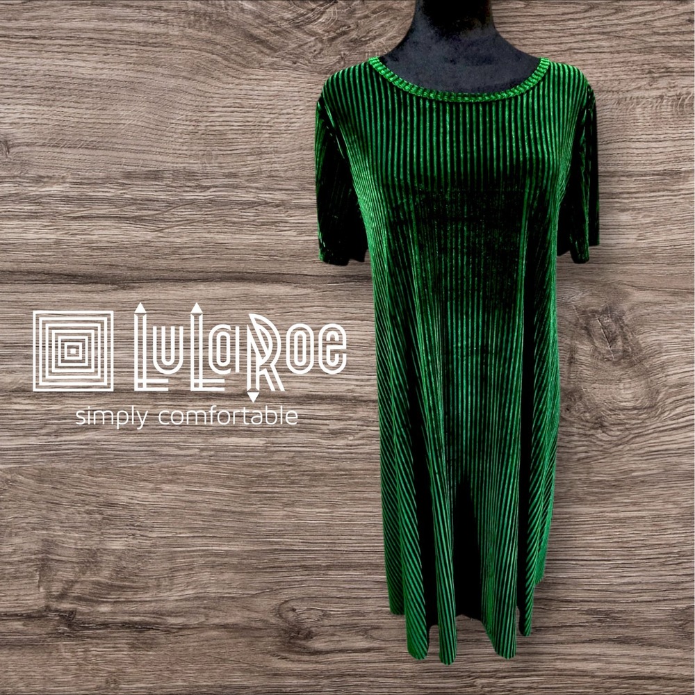 LuLaRoe Carly Dress Womens Ribbed Velvet SS Elegant Collection Emerald Green L